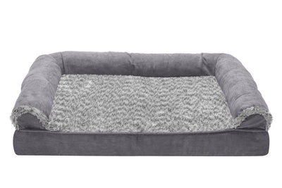 Fur Haven Pet Products Two-Tone Faux Fur & Suede Sofa Orthopedic Pet Bed Stone Gray Medium 842229123951