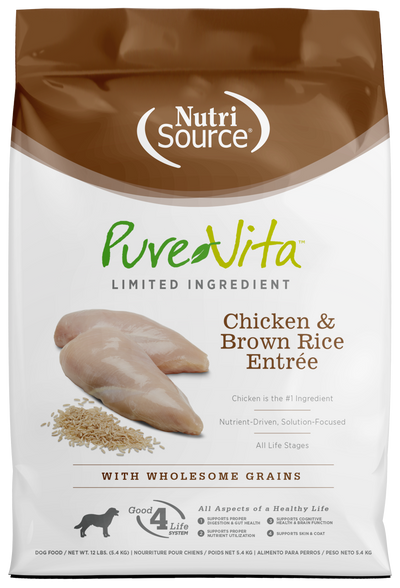 NutriSource PureVita LID Dry Dog Food Chicken & Brown Rice Entrée 12 lb 073893170037