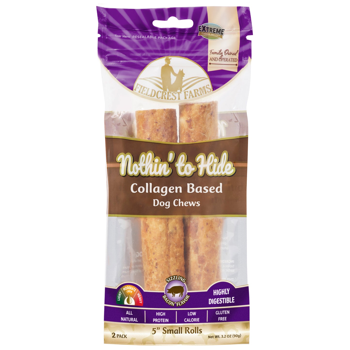Fieldcrest Farms Nothin' To Hide Roll Collagen Based Dog Chew Bacon Small5 in, 2 pk 810002633331