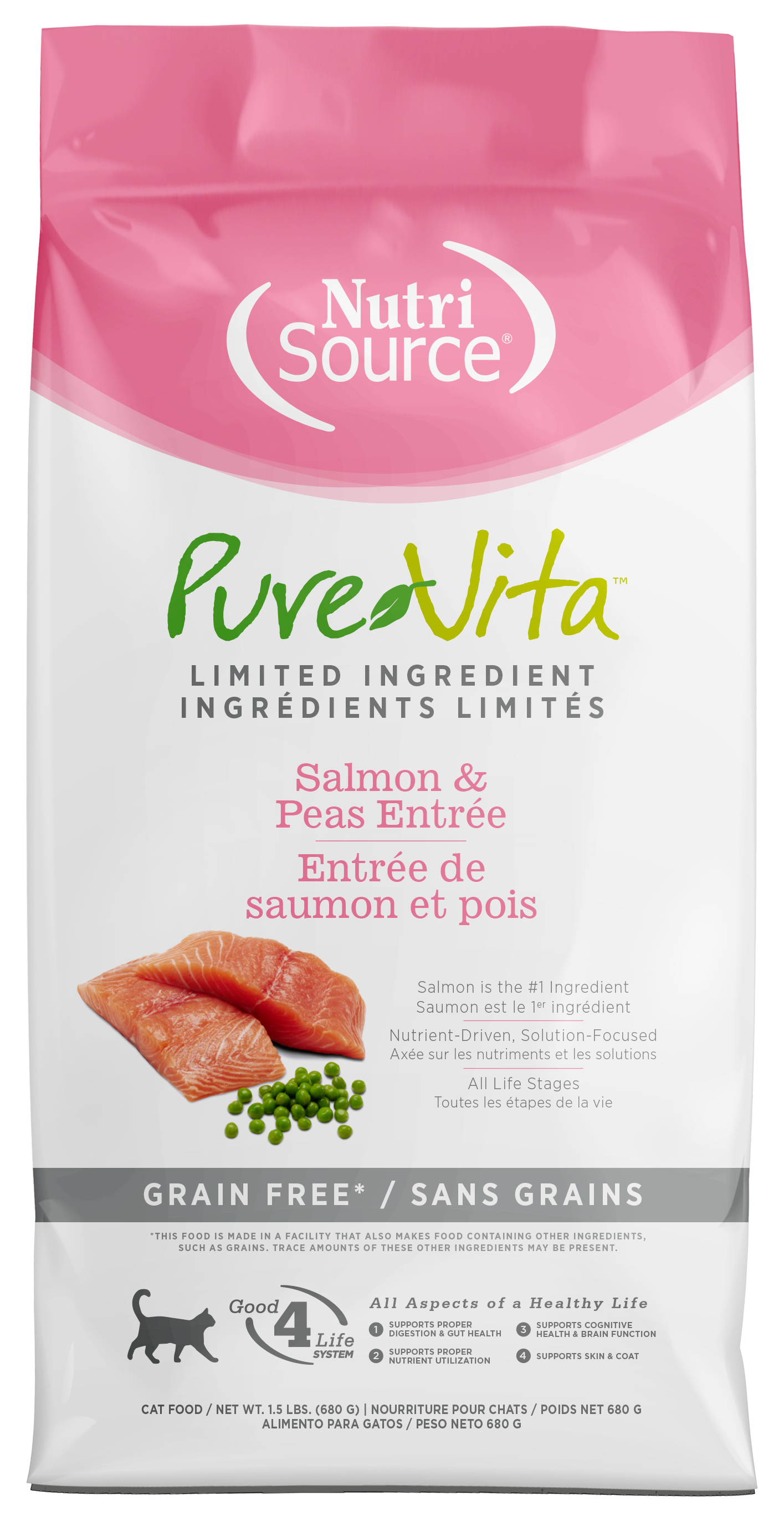 NutriSource PureVita LID Grain Free Dry Cat Food Salmon & Peas 1.5 lb 073893470069