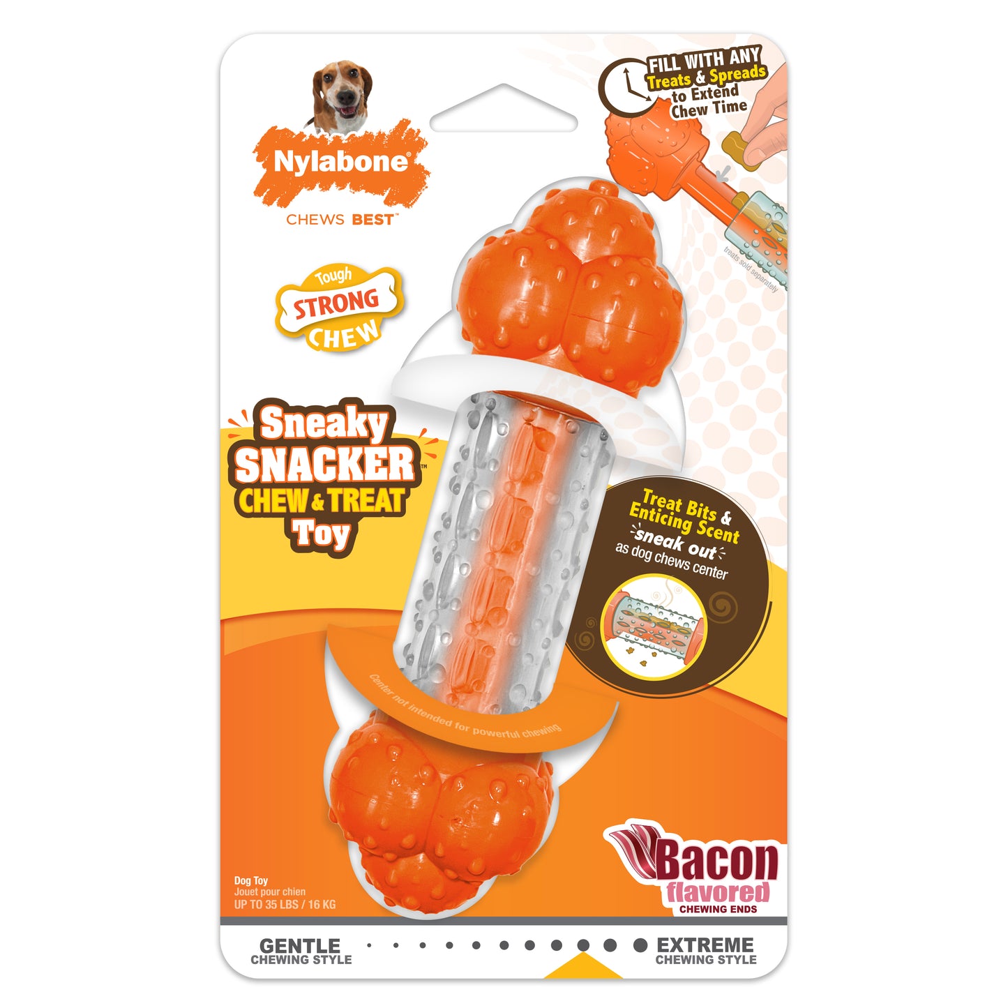 Nylabone Sneaky Snacker Dog Treat Toy Bacon Orange Medium/Wolf - Up To 35 Lbs. (1 ct) 018214853480