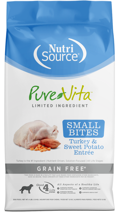 NutriSource PureVita LID Grain Free Small Bites Dry Dog Food Turkey & Sweet Potato 4 lb 073893175117