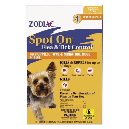 Zodiac Spot On Flea & Tick Control Puppies Toys and Miniature Dogs 7 - 15 lbs 4 Pack - Dog