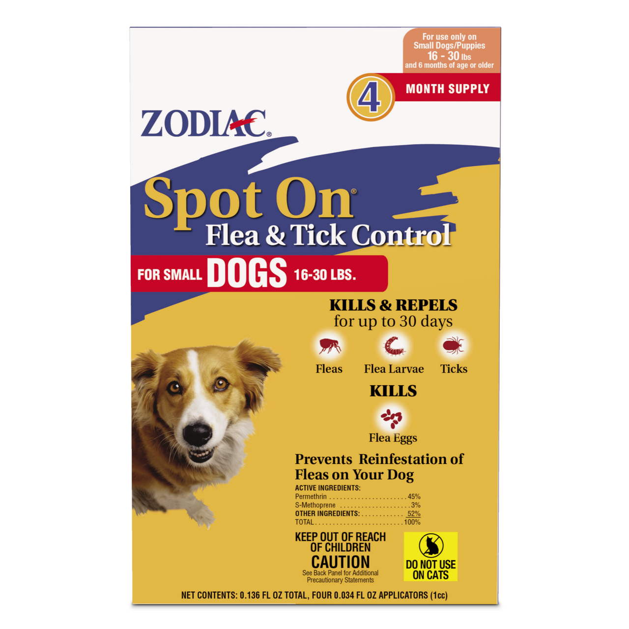 Zodiac Spot On Flea & Tick Control Small Dogs 16-30 Pounds 4 Pack