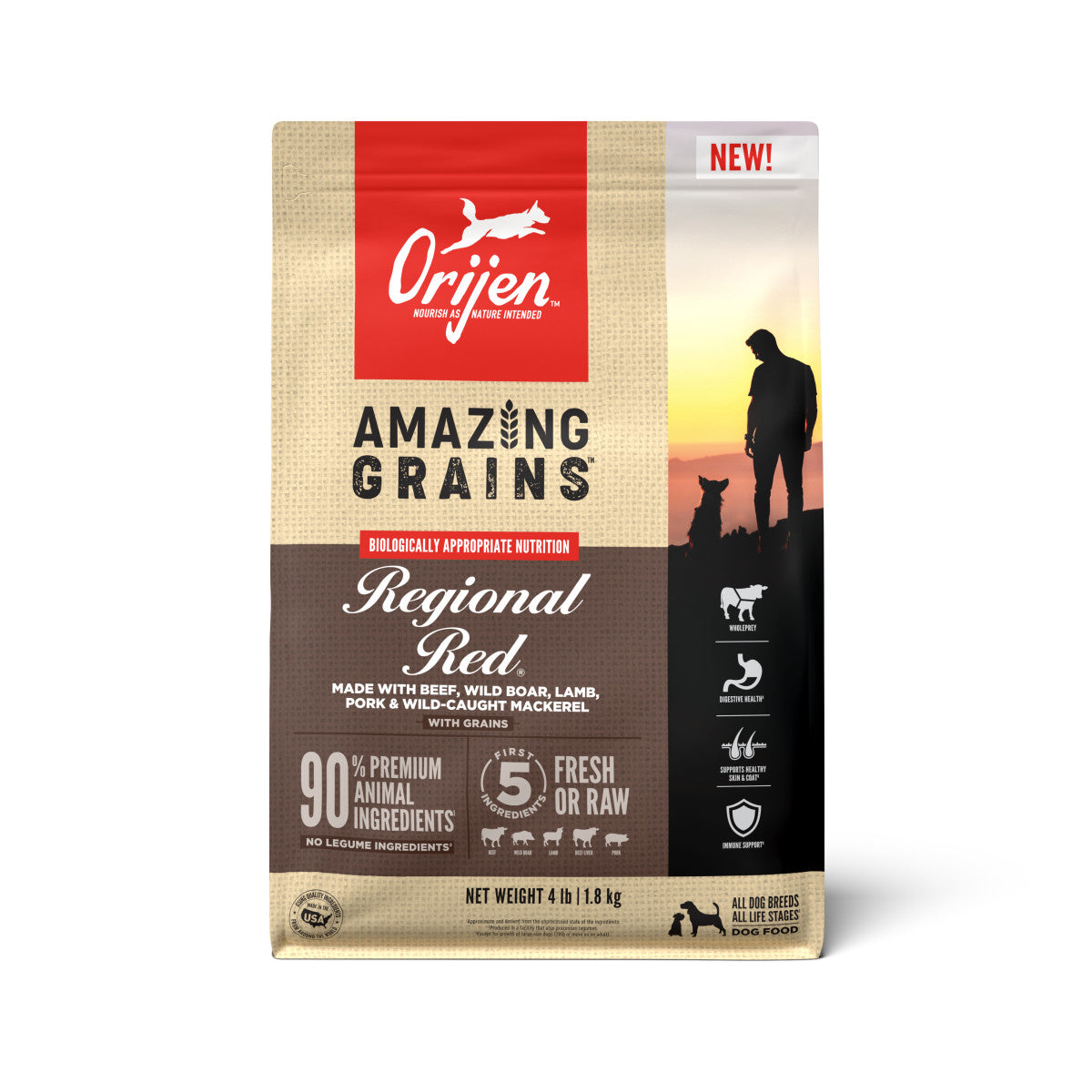 Orijen AMAZING GRAINS Regional Red Dry Dog Food Beef, Boar, Lamb, Pork & Fish 4 lb 064992720391