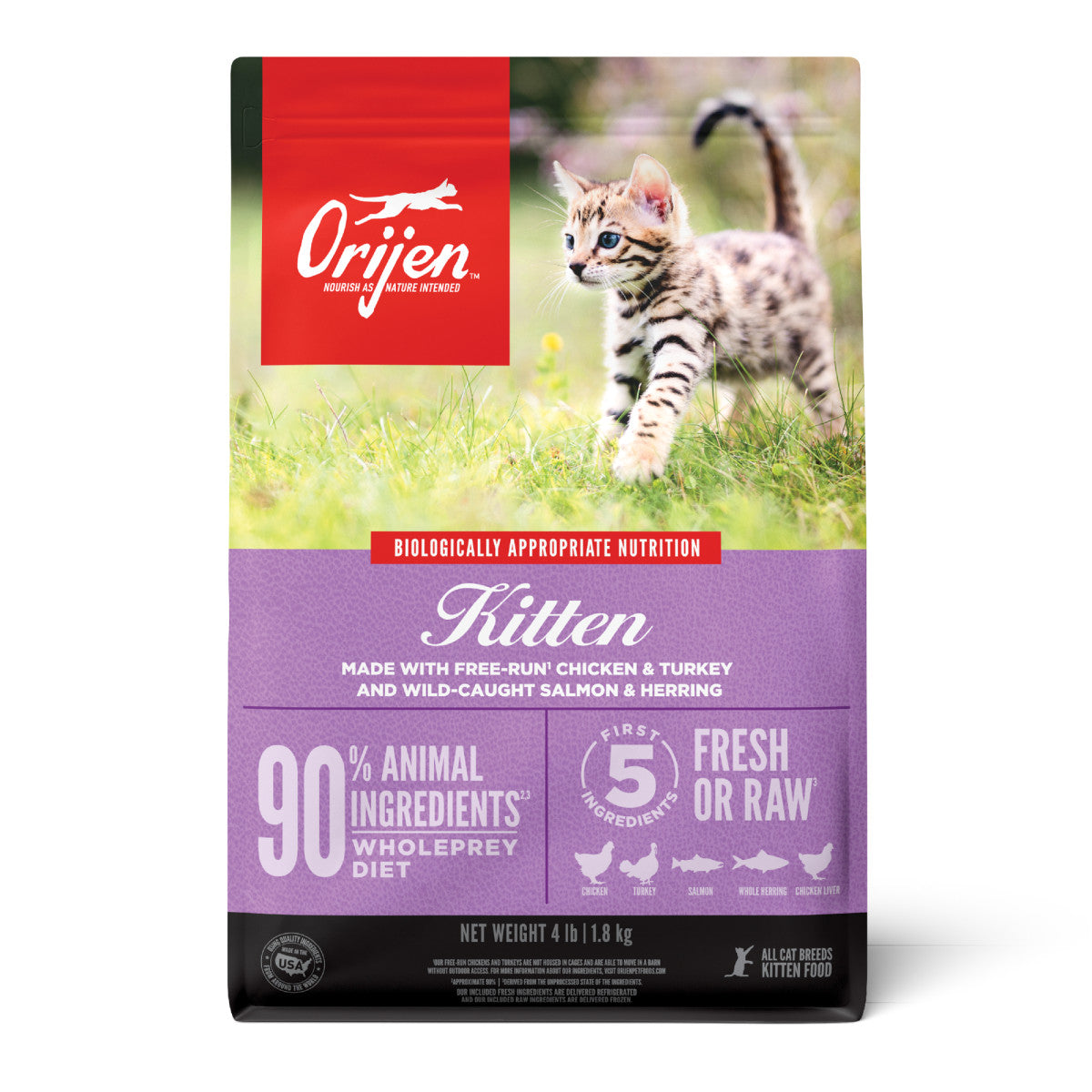 Orijen Grain Free Fresh & Raw Dry Kitten Food Chicken, Turkey, Salmon & Herring 4 lb 064992716646