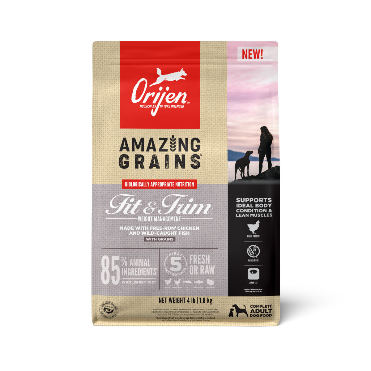 Orijen AMAZING GRAINS Fit & Trim Weight Management Dry Dog Food Chicken & Fish 4 lb 064992724320