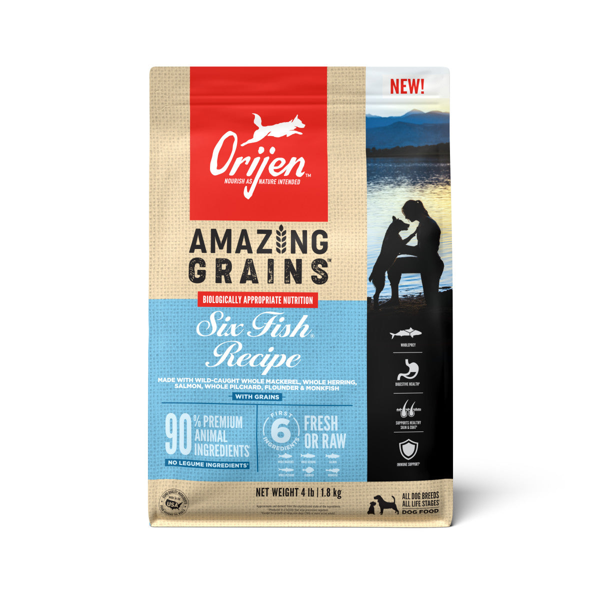 Orijen AMAZING GRAINS Six Fish Dry Dog Food Mackerel, Herring, Salmon, Pilchard, Flounder & Monkfish 4 lb 064992720407