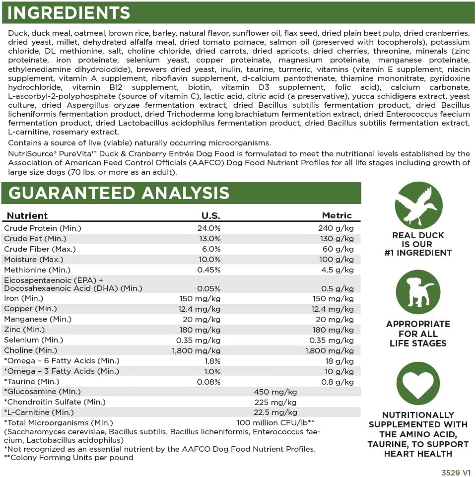 NutriSource Pure Vita Duck / Cranberry Dry Dog Food 4lb