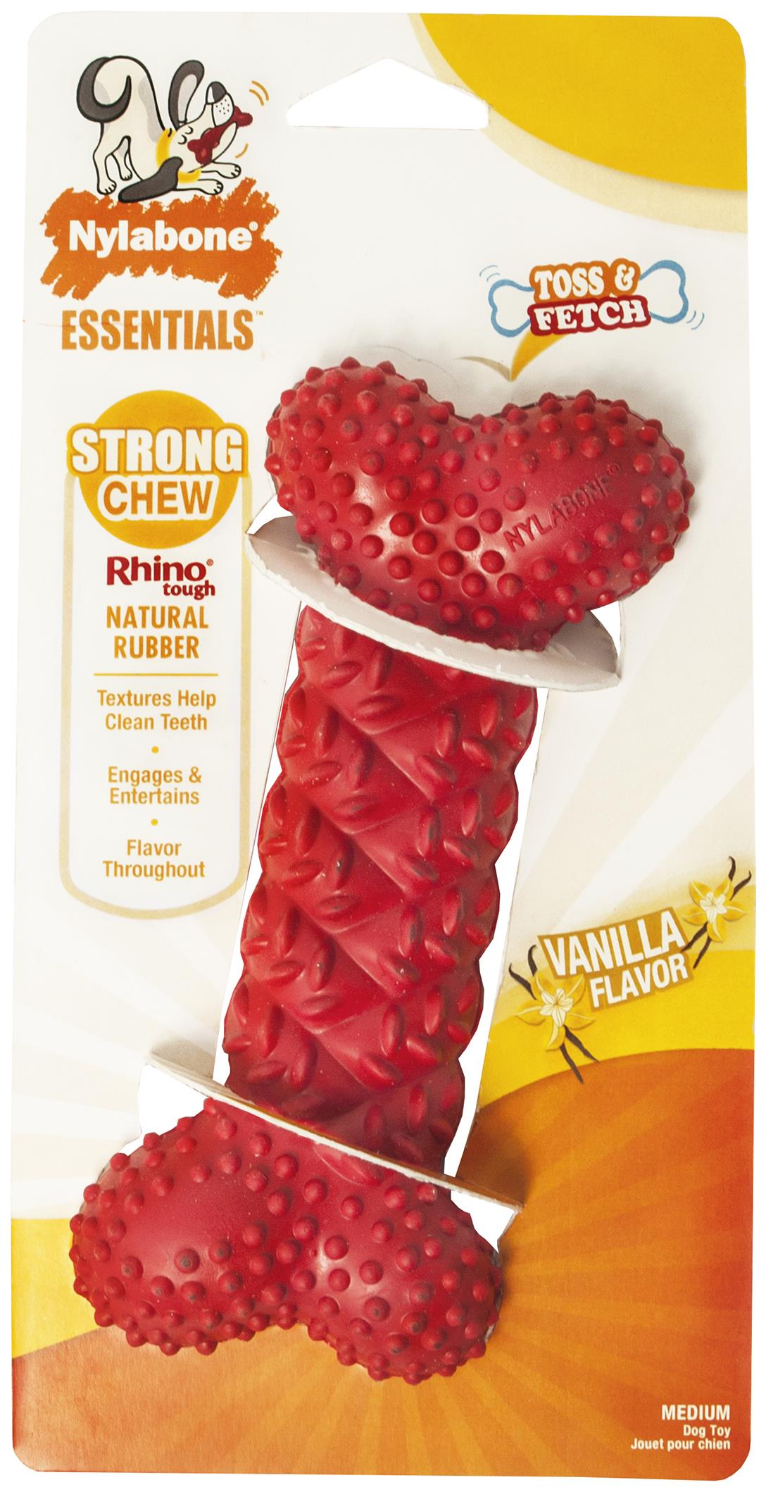 Red dog chew toy with Nylabone branding on packaging