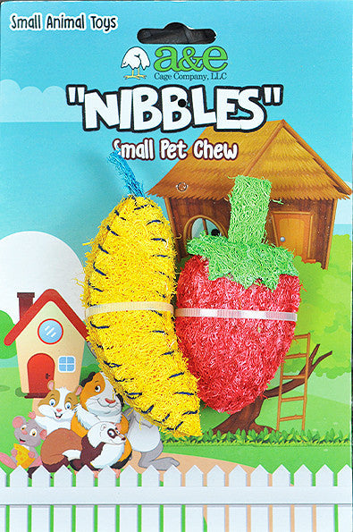 A & E Cages Nibbles Small Animal Loofah Chew Toy Banana Strawberry - Small - Pet