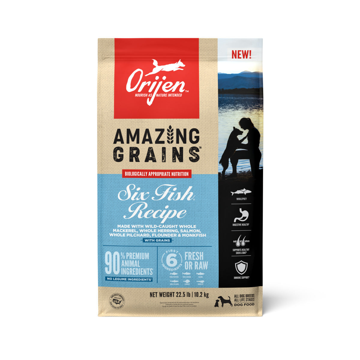 Orijen AMAZING GRAINS Six Fish Dry Dog Food Mackerel, Herring, Salmon, Pilchard, Flounder & Monkfish 22.5 lb 064992720353