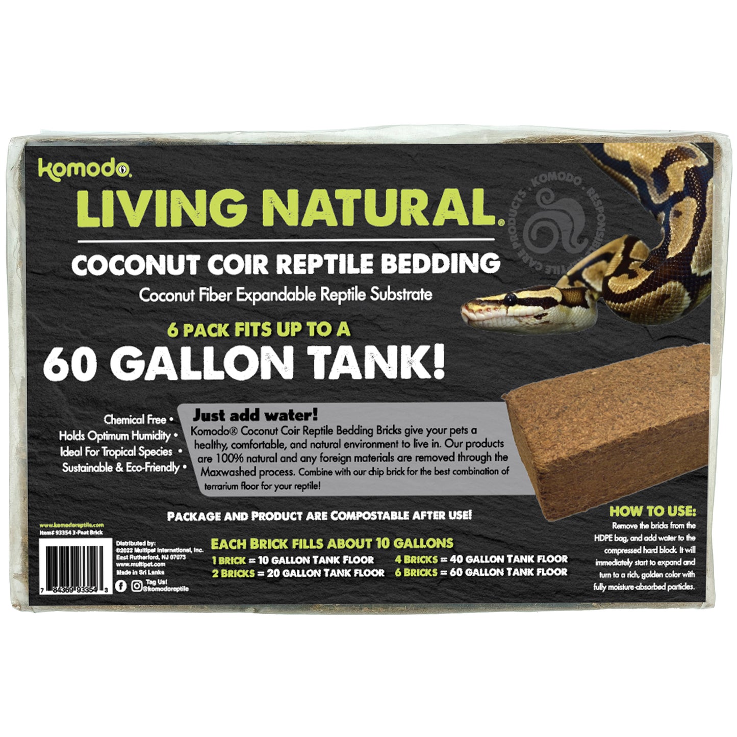 Komodo Living Natural Coconut Coir Reptile Bedding Brick 6 pk 784369933543