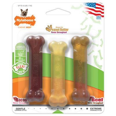 Nylabone FlexiChew Moderate Dog Toys Triple Pack Bacon, Peanut Butter, & Beef X-Small/Petite - Up To 15 Lbs. (3 ct) 018214841074