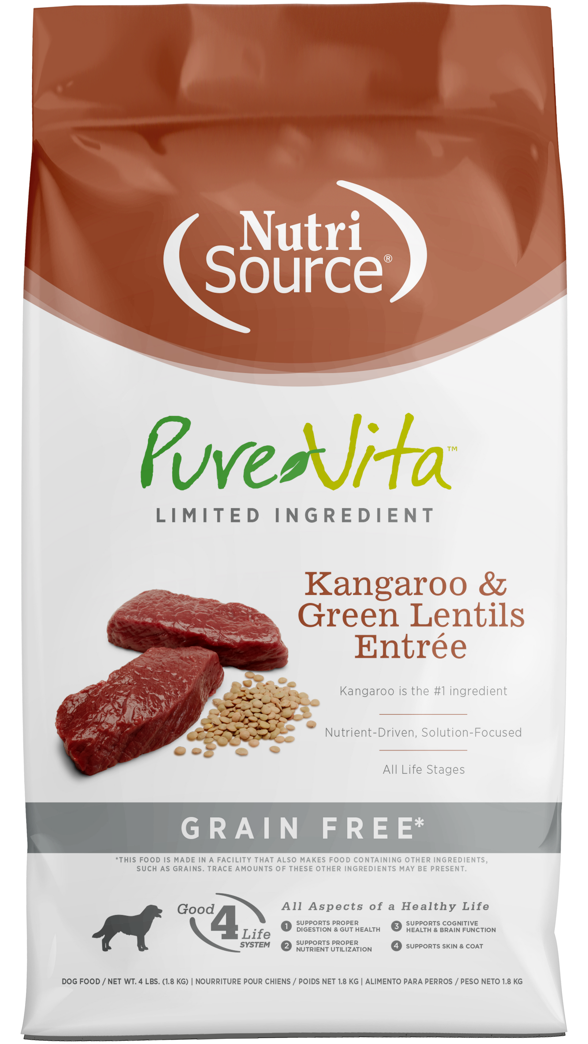 NutriSource PureVita LID Grain Free Dry Dog Food Kangaroo & Green Lentils Entrée 4 lb 073893182115