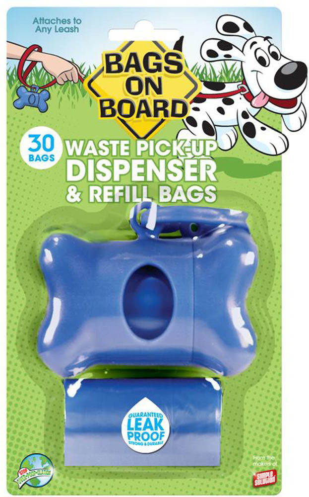 Bags on Board Bone Waste Pick-up Bag Dispenser with Dookie Dock Blue 2 rolls of 15 pet waste bags 9 in x 14 in