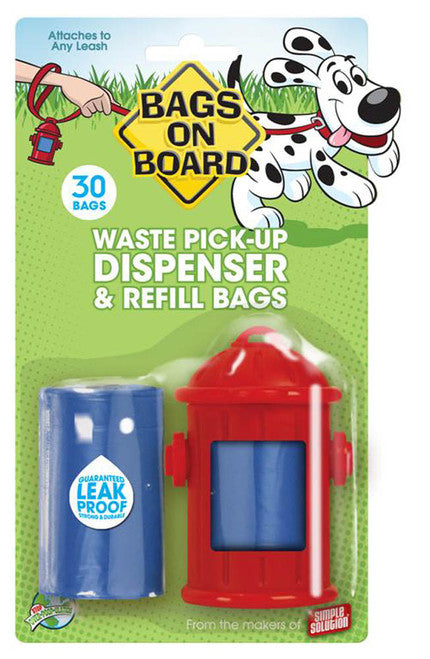 Bags on Board Fire Hydrant Waste Pick - up Bag Dispenser Red Blue 2 rolls of 15 pet 9 in x 14 - Dog