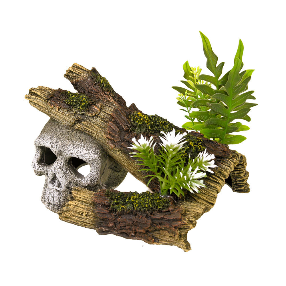 Blue Ribbon Exotic Environments Jungle Skull Hideaway Aquarium Ornament with Plants Multi-Color 3.5 in
