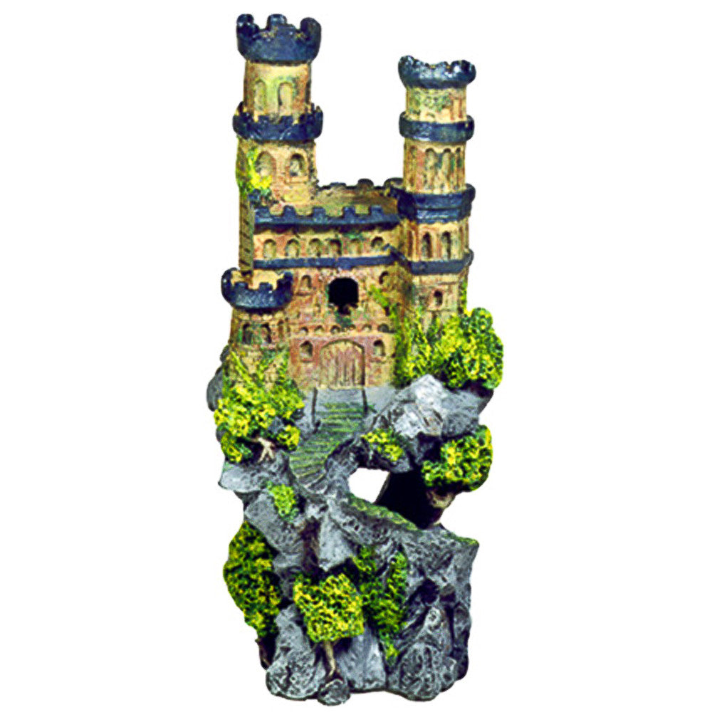 Blue Ribbon Exotic Environments Medieval Castle Aquarium Ornament with Towers on Rocky Cliff Multi-Color 12 in
