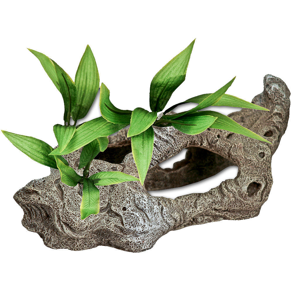 Blue Ribbon Exotic Environments Rock Tunnels Aquarium Ornament with Silk Style Plants Grey, Green 5 in
