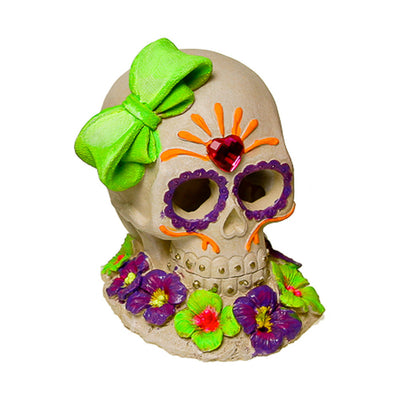 Blue Ribbon Exotic Environments Sugar Skull Gem & Bow Aquarium Ornament Multi-Color 4 in