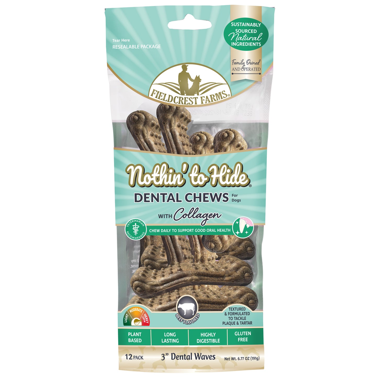 Fieldcrest Farms Nothin' to Hide Dental Wave Collagen Dog Chew Beef 3 in, 12 pk 810002633959