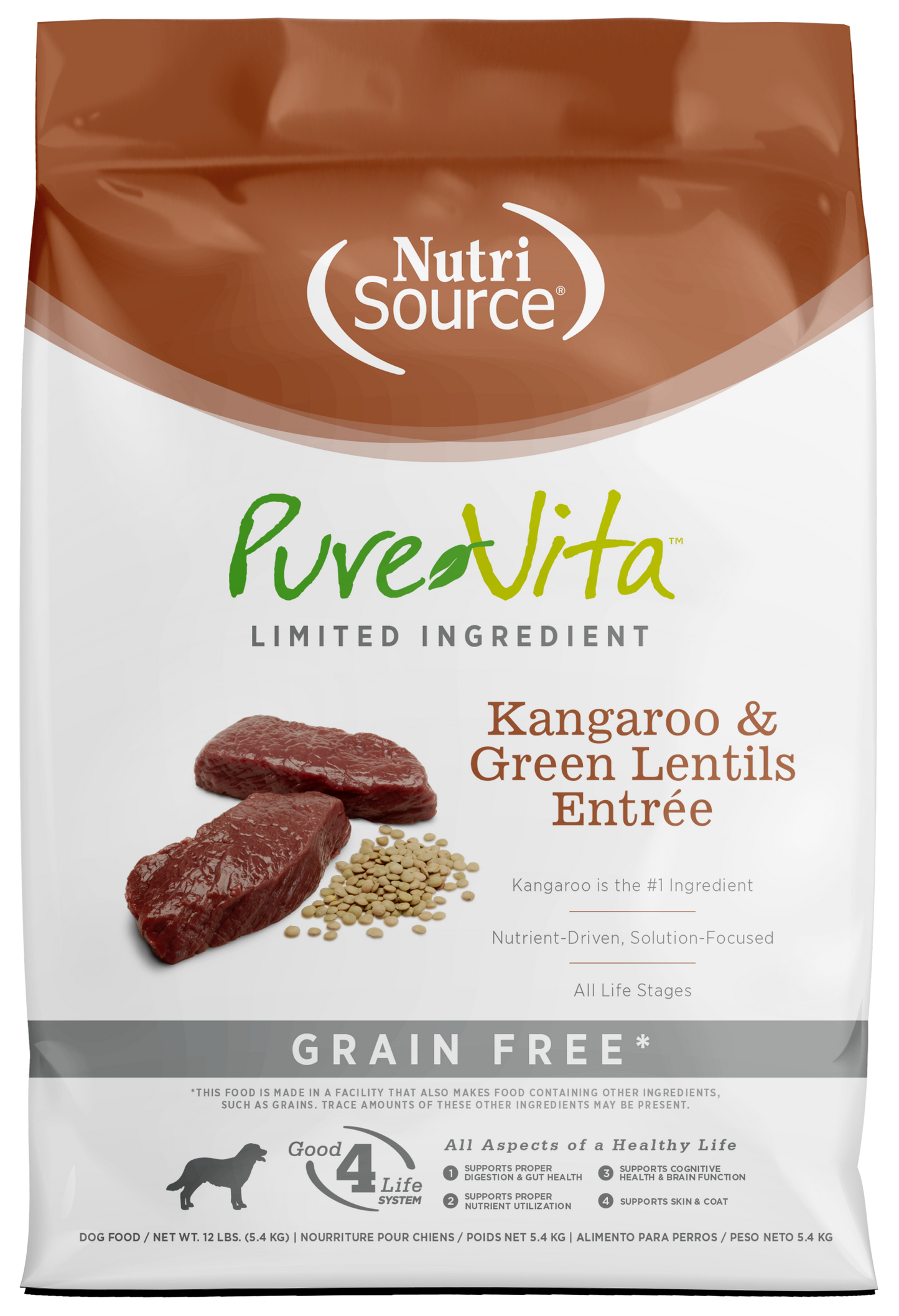 NutriSource PureVita LID Grain Free Dry Dog Food Kangaroo & Green Lentils Entrée 12 lb 073893182122