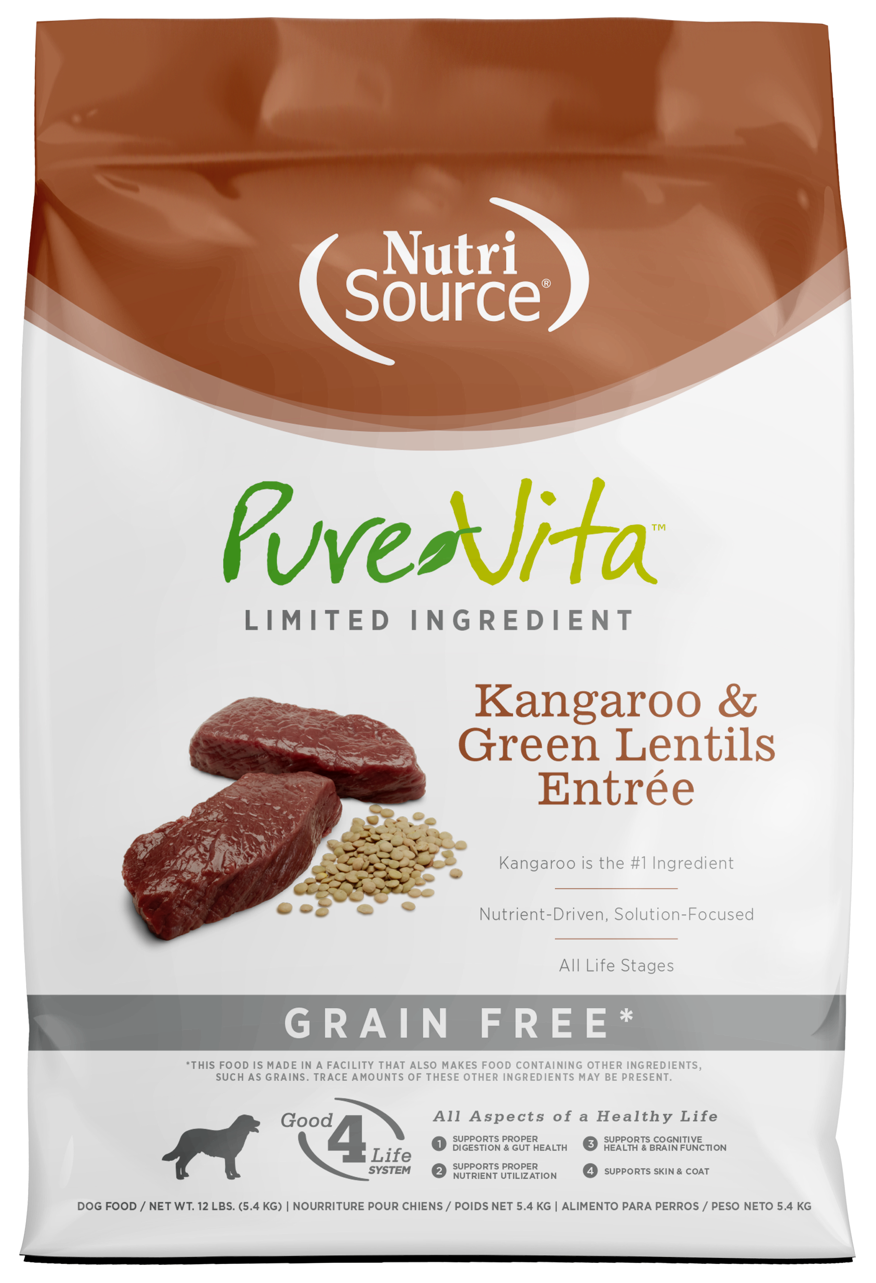NutriSource PureVita LID Grain Free Dry Dog Food Kangaroo & Green Lentils Entrée 12 lb 073893182122