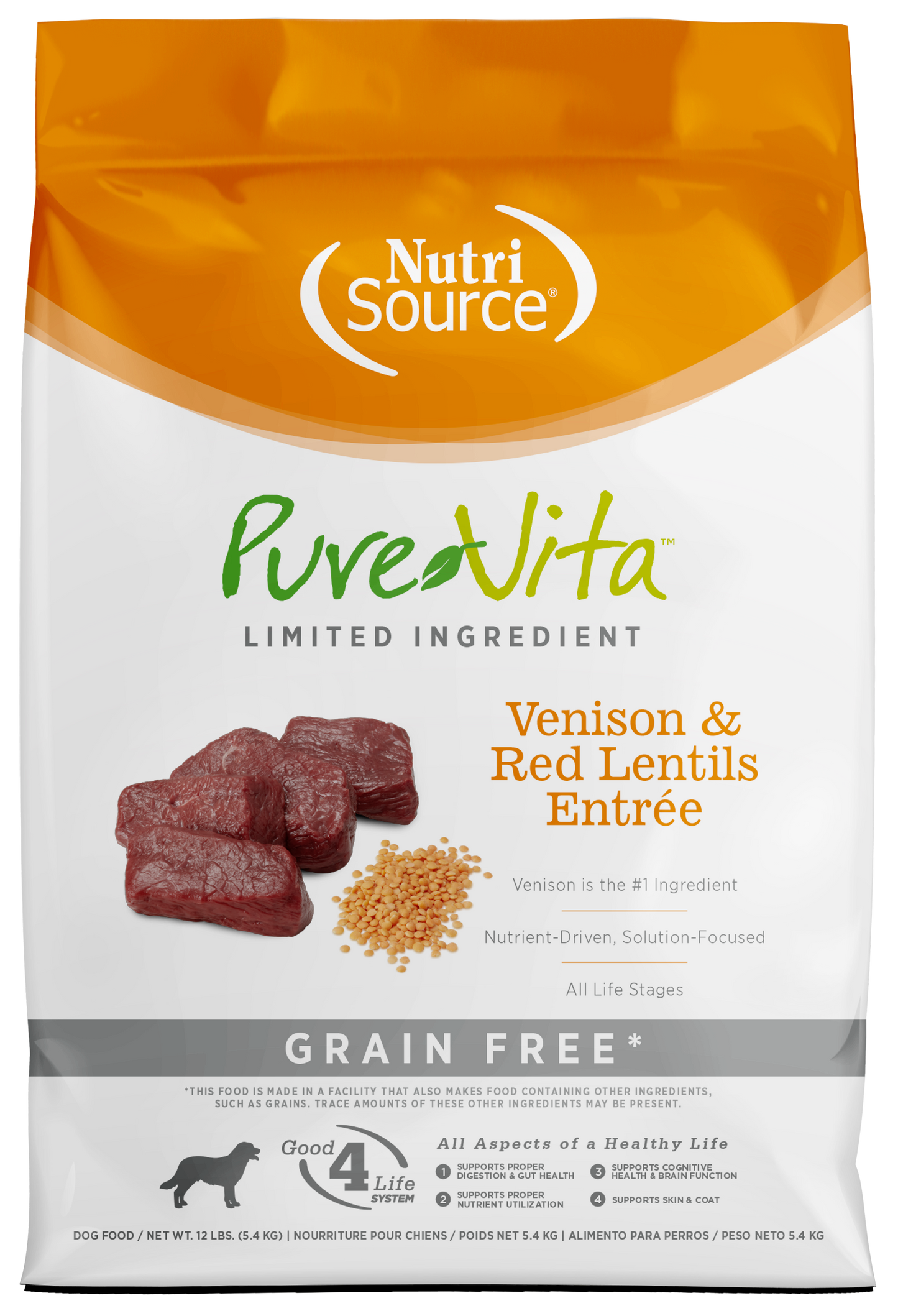 NutriSource PureVita LID Grain Free Dry Dog Food Venison & Red Lentils Entrée 12 lb 073893179054
