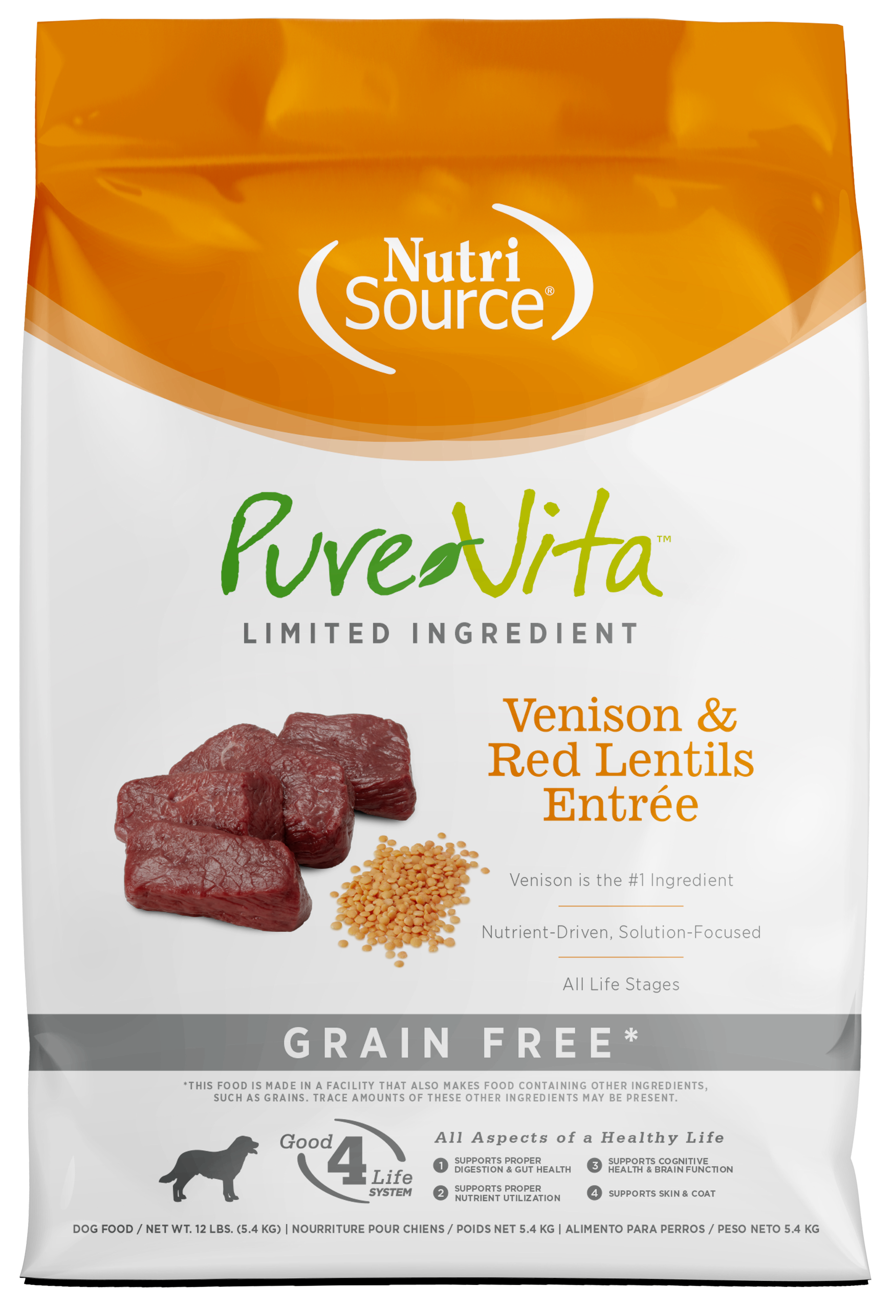 NutriSource PureVita LID Grain Free Dry Dog Food Venison & Red Lentils Entrée 12 lb 073893179054