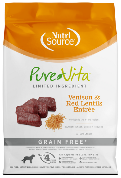 NutriSource PureVita LID Grain Free Dry Dog Food Venison & Red Lentils Entrée 12 lb 073893179054