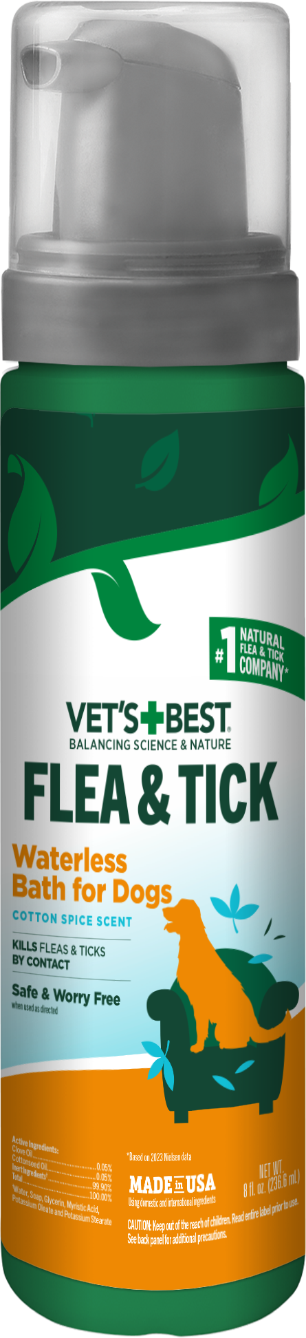 Vet's Best Flea & Tick Waterless Bath for Dogs Cotton Spice Scent 8 oz 010279001424