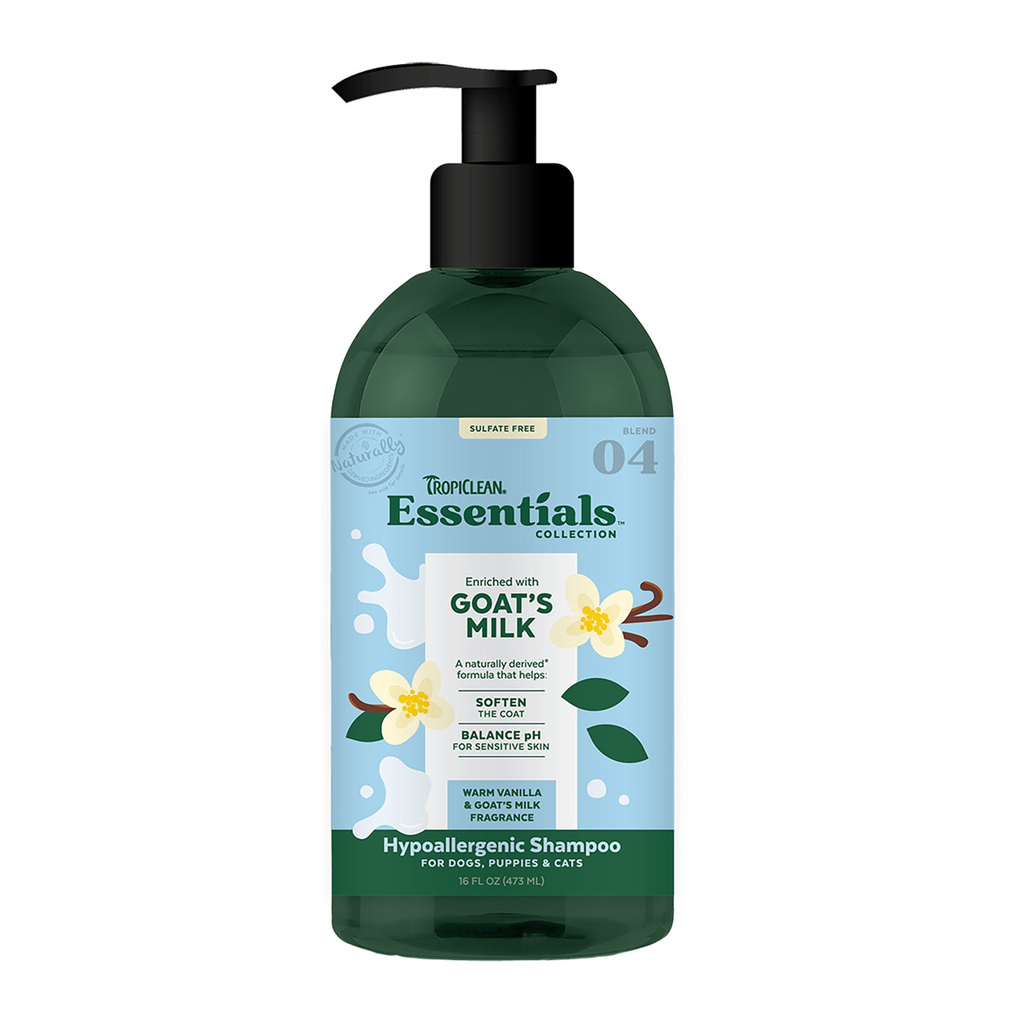 TropiClean Essentials Goat's Milk Shampoo for Dogs, Puppies & Cats 16 oz 645095004207