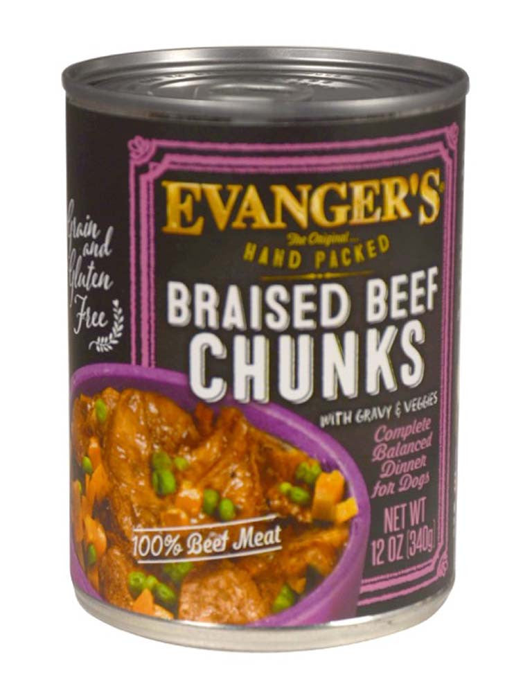 Evanger's Hand Packed Wet Dog Food Braised Beef Chunks w/Gravy 12oz 12pk