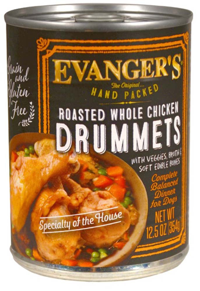 Evanger's Hand Packed Wet Dog Food Roasted Chicken Drummet Dinner 12oz 12pk