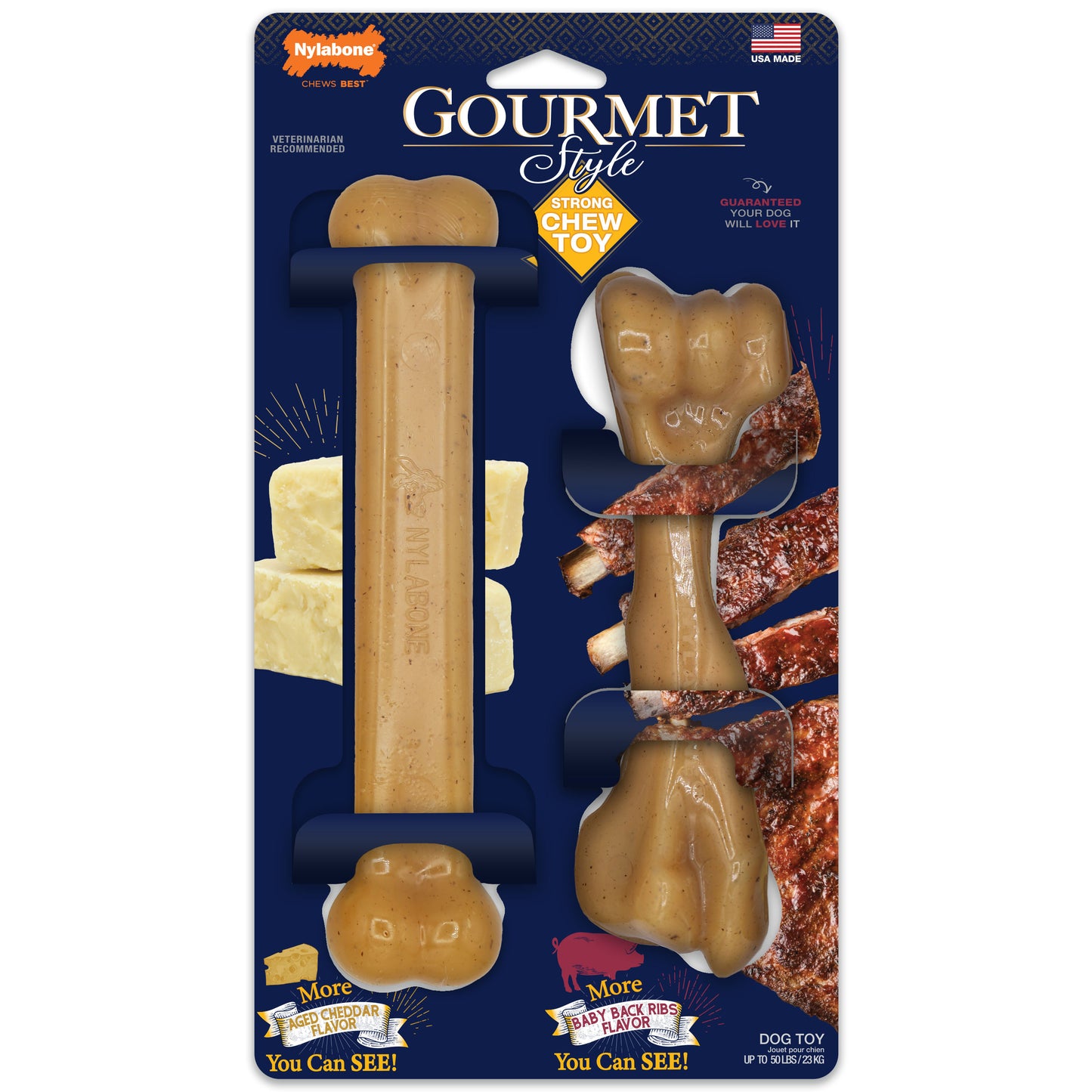 Nylabone Strong Chew Gourmet Style Original Bone & Femur Bone Dog Chew Toy Femur Aged Cheddar & Baby Back Ribs Large (2 ct) 018214855804