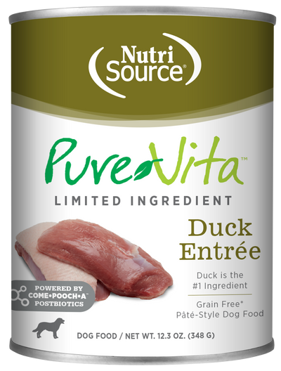 NutriSource PureVita LID Pate Grain Free Wet Dog Food Duck Entrée 12ea/12.3 oz 073893061083