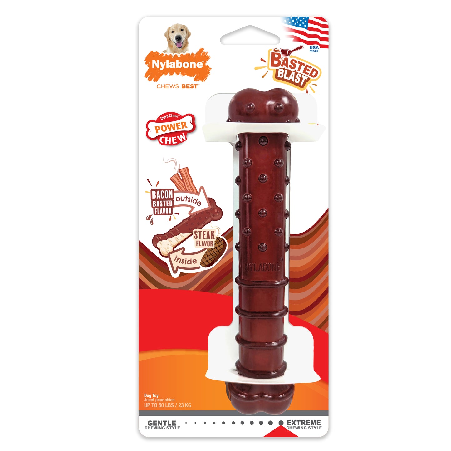 Nylabone Power Chew Basted Blast Dual Flavored Dog Chew Toys Bacon & Steak Large/Giant - Up To 50 Lbs. (1 ct) 018214854135