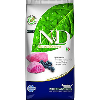 Farmina N&d Natural And Delicious Grain Free Adult Lamb & Blueberry Dry Cat Food-11-lb-{L+1x} 8010276032713