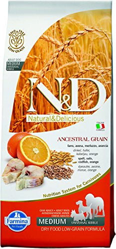 Farmina N&d Natural And Delicious Low Grain Medium Adult Codfish & Orange Dry Dog Food-26.4-lb-{L+x} 8010276036636