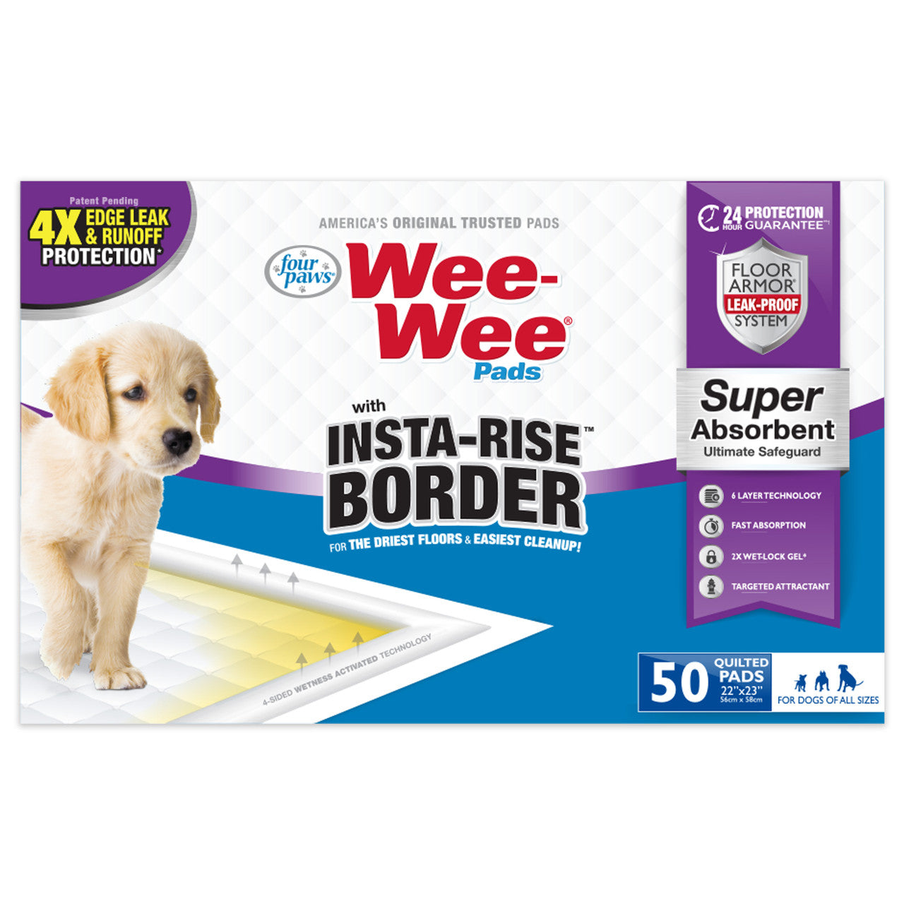 Four Paws Four Paws Wee-Wee Super Absorbent Dog Pee Pads with Insta-Rise? Border Insta-Rise Border 50 Count