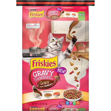 Gravy goes crunchy!  Only Friskies Gravy Swirlers has real, savory gravy baked right in!  Every irrestibly crunchy bite combines the great taste of real chicken and salmon, plus a new special kibble featuring a rich, gravylicious swirl.  So gravylici"