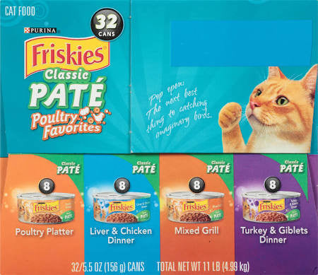Give Your Precious Pet A Nice Treat Whenever You Feel Like It With This Pack Of Friskies Classic Pate On Hand. One Set Includes All The Snacks And Flavors Your Furry Friend Enjoys. The 32-count Variety Pack Of Cat Food Pate Comes With Eight 5.5 Ounce Cans