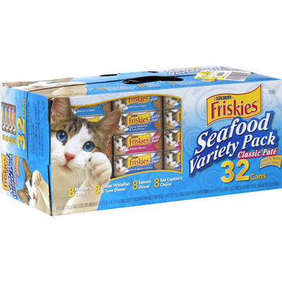 Friskies Classic Pate Seafood Variety Pack Canned Cat Food contains 8 cans each of Ocean Whitefish &amp Tuna, Mariner's Catch, Salmon, and Sea Captain's Choice.  This 32-can pack offers your cat a variety of smooth, pleasing texture cat food at a bul"