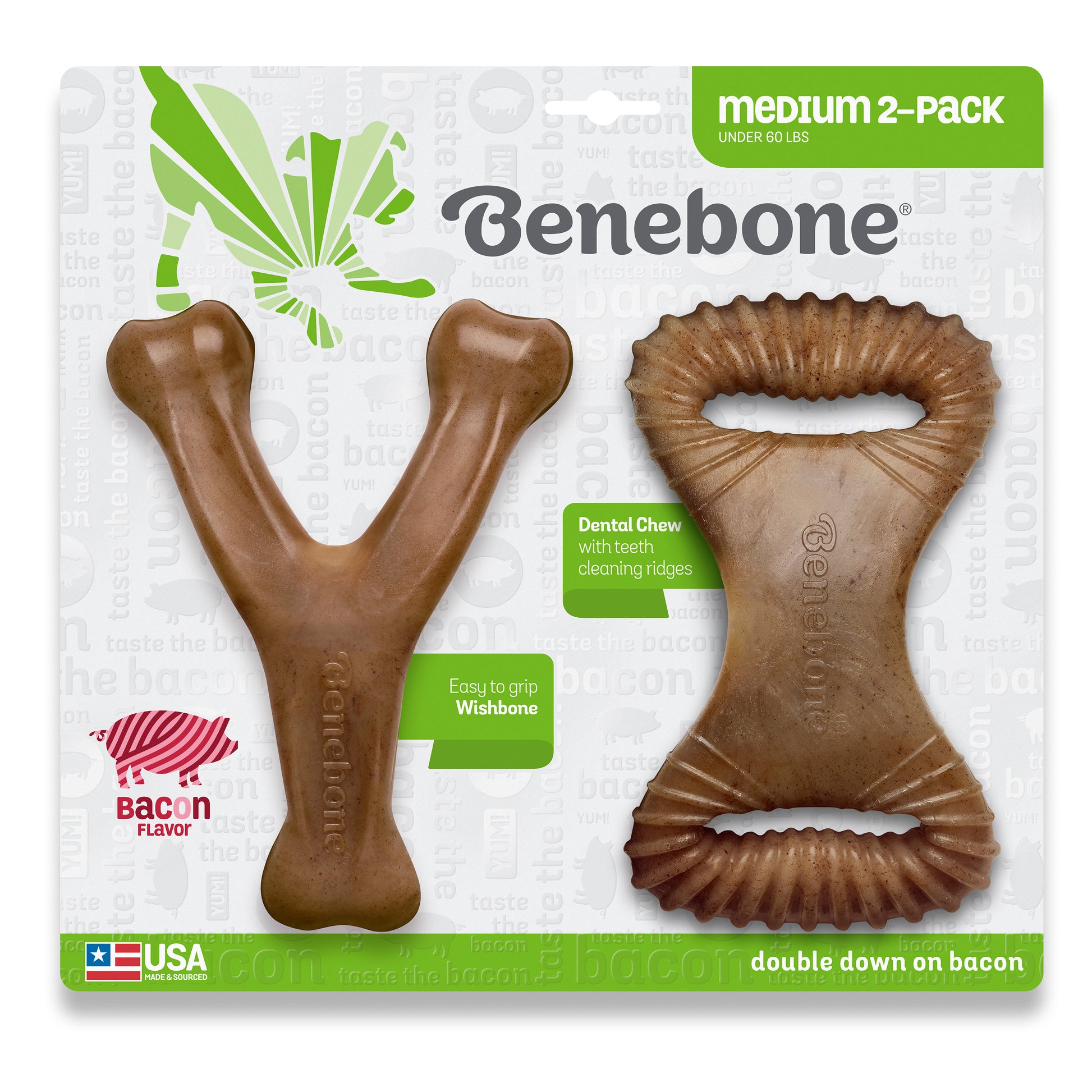 Benebone Dental Chew & Wishbone Dog Chew Toy Bacon Medium|2 pk 810054210047