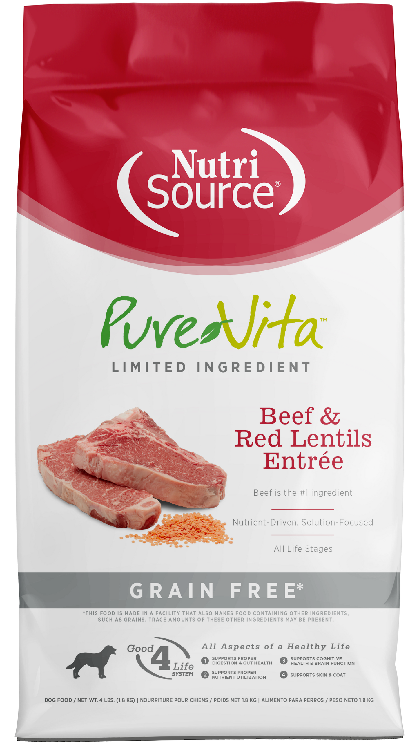 NutriSource PureVita LID Grain Free Dry Dog Food Beef & Red Lentils Entrée 4 lb 073893181118