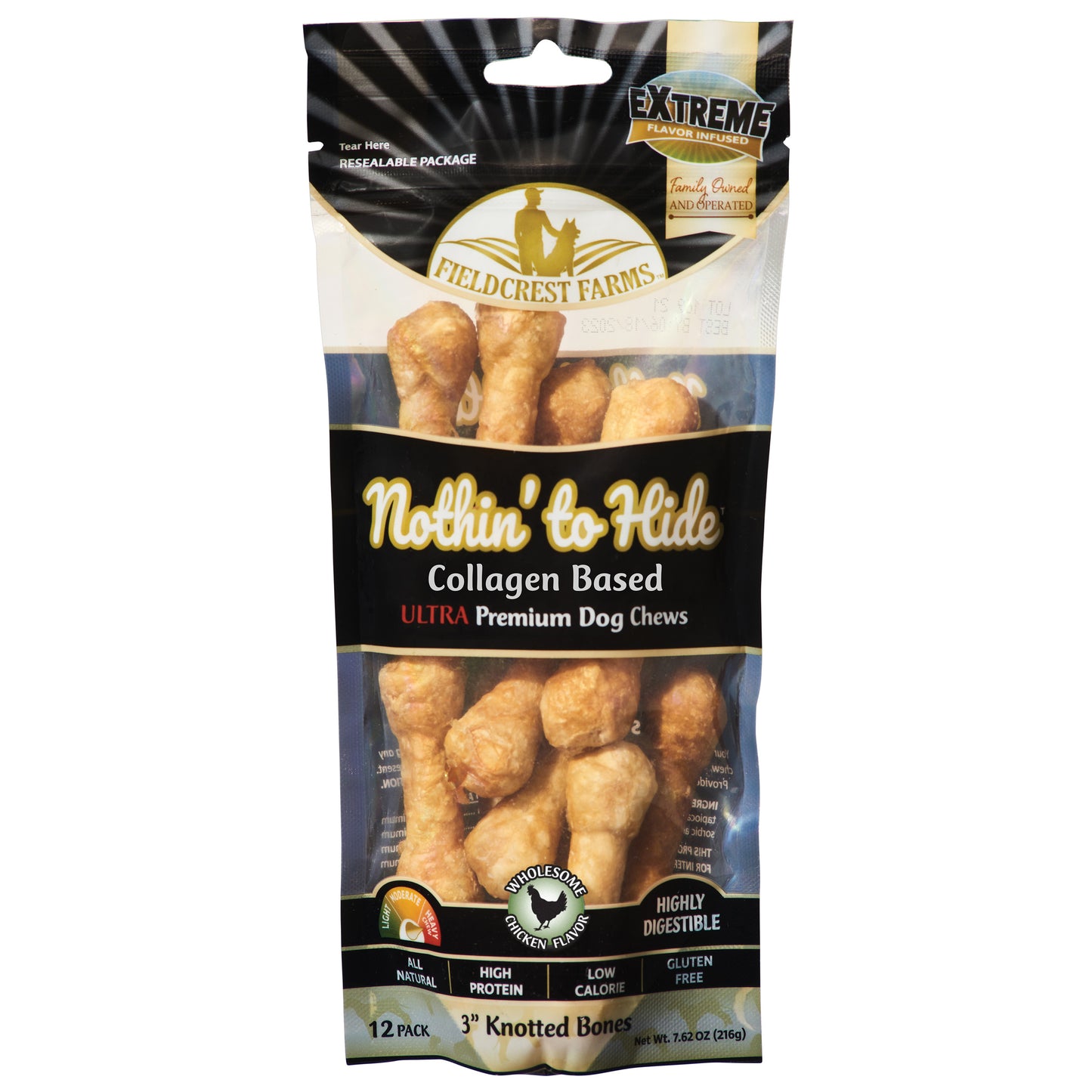 Fieldcrest Farms Nothin' To Hide Ultra Knotted Bone Dog Treat Chicken 3 in, 12 pk 810002633140