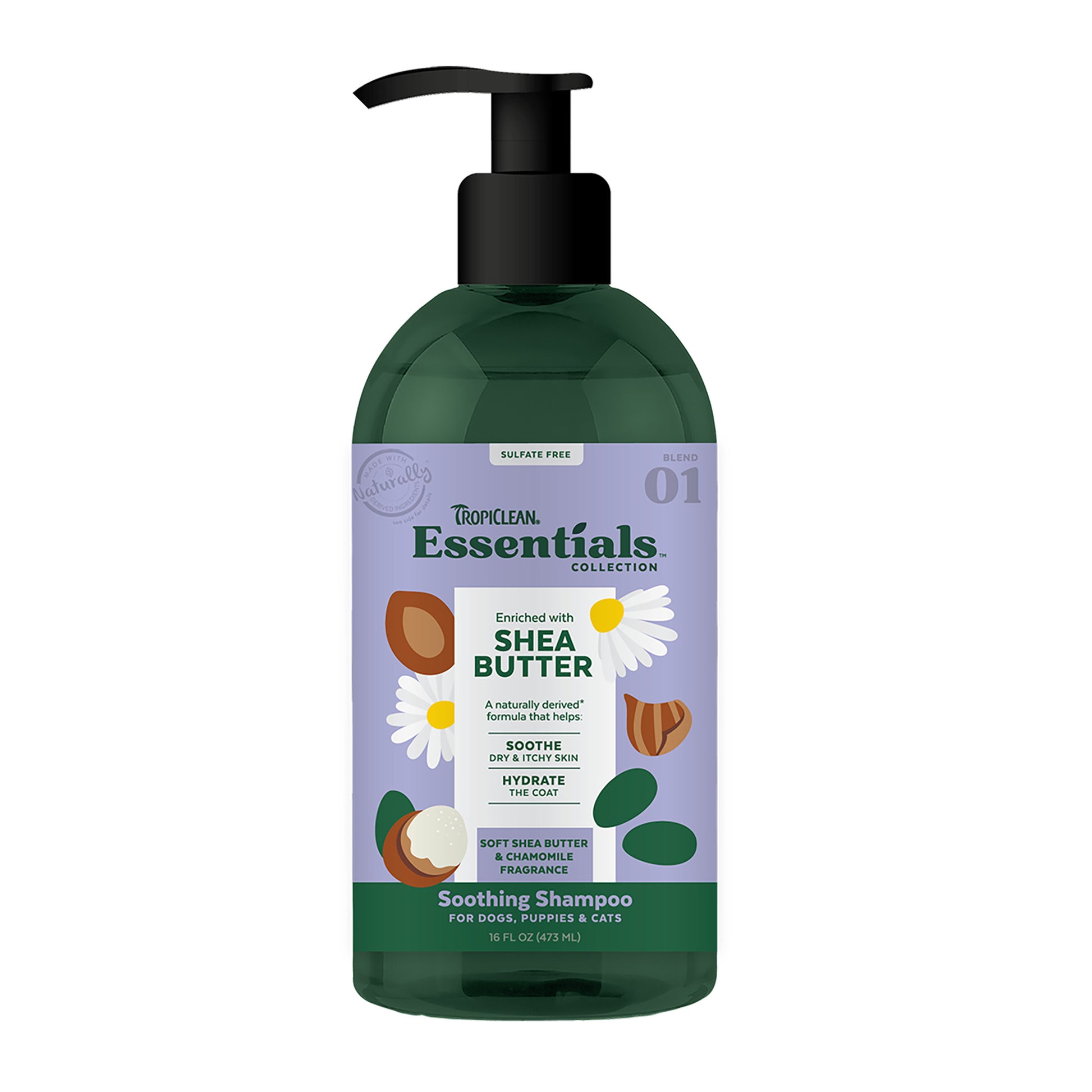 TropiClean Essentials Shea Butter Shampoo for Dogs, Puppies & Cats 16 oz 645095004160