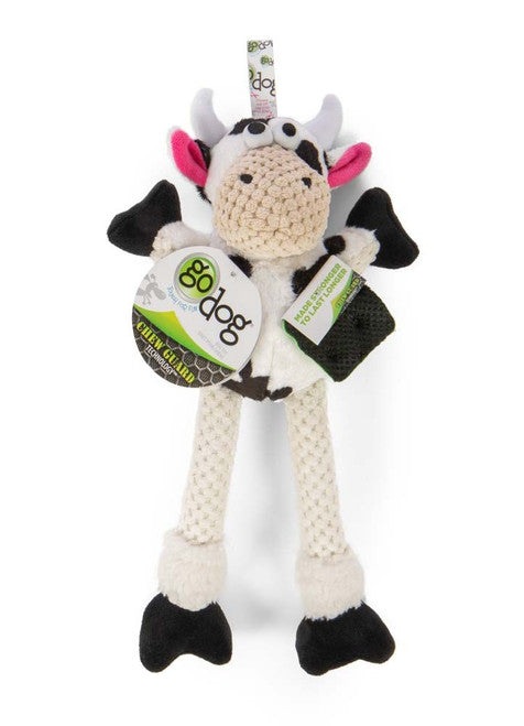 goDog Checkers Skinny Durable Plush Dog Toy Cow SM