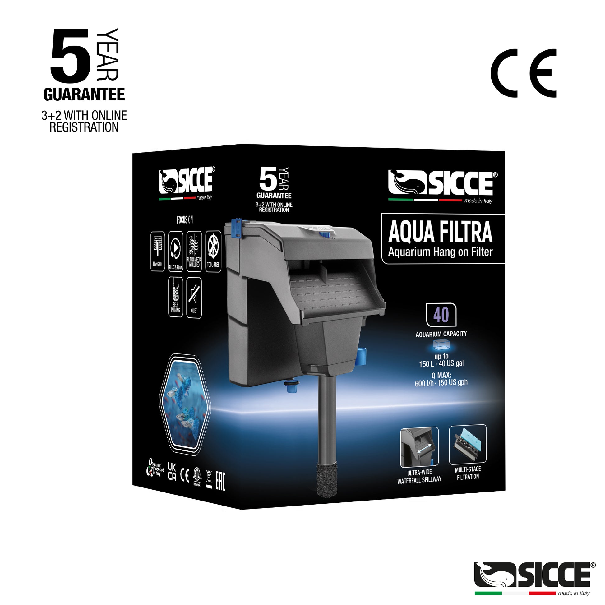 Sicce Aqua Filtra Aquarium Hang on Filter 40 gal 8011469982150